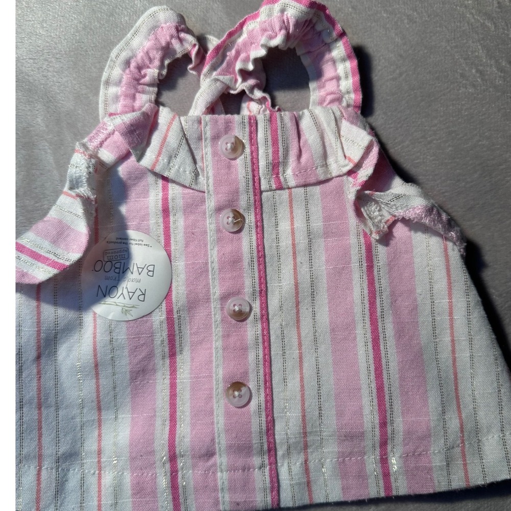 Pink White Striped Bamboo Rayon Ruffle Strap Top with Gold Lurex Accents 12MO